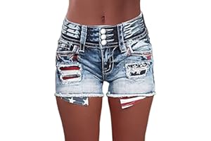 Flamingals Distressed Jean Shorts for Women High Waist American Flag Button Fly Raw Hem Denim Shorts