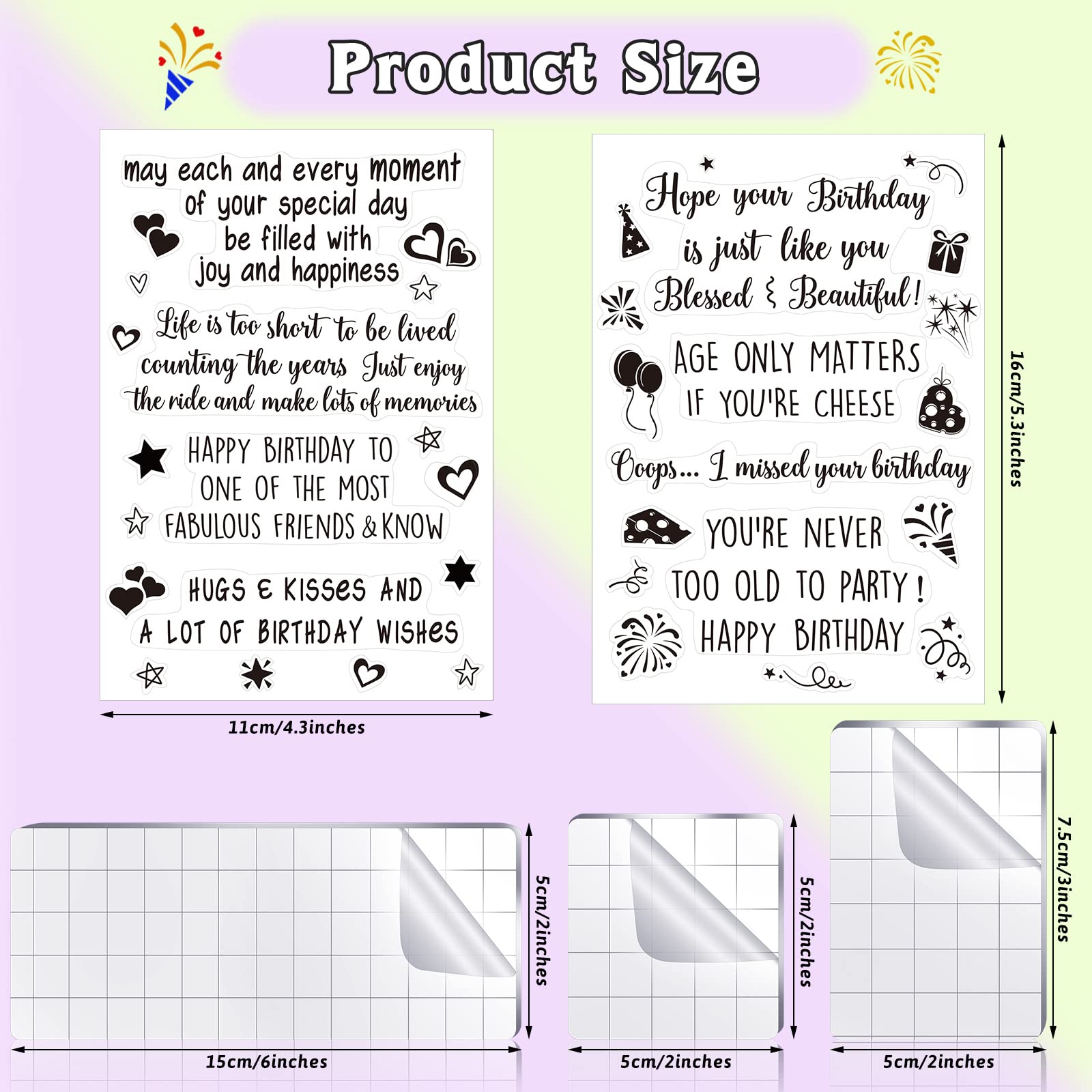 Pajean 4 Sheets Sentiments Rubber Clear Stamps Set for Birthday Card Making and 3 Pcs Acrylic Stamp Block Tools with Grid Lines Happy Birthday, Books Stamps Craft Supplies for DIY Scrapbooking