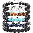 YAQUEYATRUES 5PCS 8mm Lava Rock Stone Bead Bracelets For Men, Adjustable Tiger Eye Bracelet，volcanized rock Bracelet Mens Jewelry Gifts for Dad Boyfriend Husband Brother