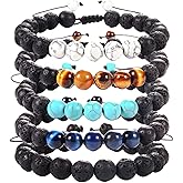 YAQUEYATRUES 5PCS 8MM Natural Stone Bead Bracelets for Men, Adjustable Lava Rock,Tiger Eye bracelet is a suitable gift for Dad/Husband/Brother/Boyfriend on Birthday and Christmas.