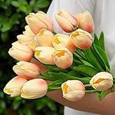 IPLNTS 20 Pcs 13” Real Touch Champagne Pink Tulips Artificial Flowers, Latex Pu Fake Faux Lifelike Flowers with Stems, for Wedding Bouquet Christmas Home Decor