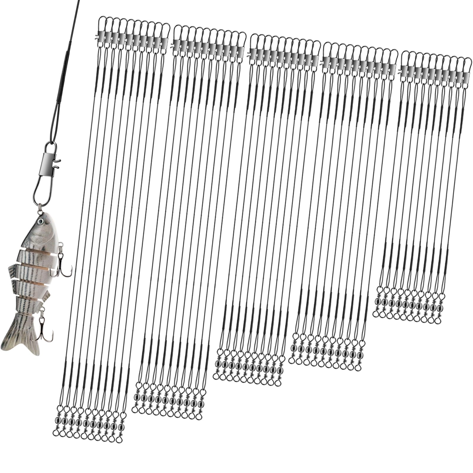 Realure 50 Pcs Stainless Steel Wire Traces Pike Fishing, 5 Size 10cm 15cm 20cm 25cm 30cm Anti-Bite Fishing Leaders with Swivels Snap, Fish Line Fishing Accessories for Bait Rigs Saltwater Freshwater