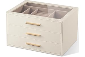 pickpiff Jewelry Box Organizer Case for Women: 3-Layer Jewelry Storage Case with Glass Window, Ivory Leather with Pink Velvet, Holder for Ring Necklace Bracelet Brooch Watch, Great Gift for Her
