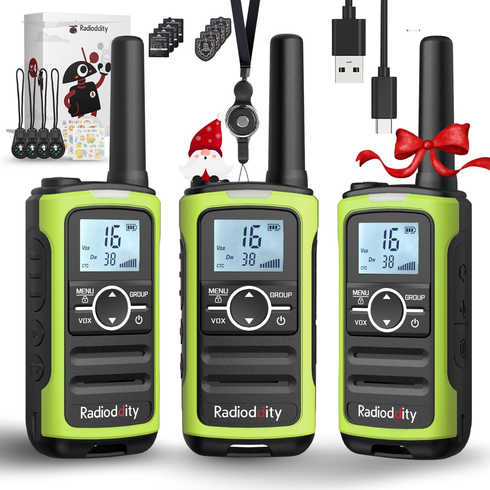 Radioddity PR-T8 Walkie Talkies for Kids, PMR446 Two Way Radio Rechargeable Long Range with Group Call, VOX, Flashlight, 2000mAh Battery, USB-C Charging, for Hiking Camping, 3 Pack