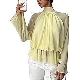 Floerns Women's Mesh Long Sleeve Shirts Mock Neck Tie Back Ruffle Dressy Casual Blouse Tops