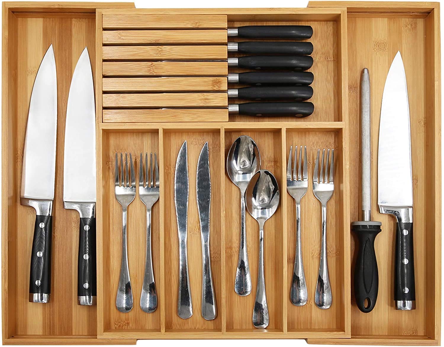 Bamboo Silverware Drawer Organizer Kitchen, Expandable Utensil Holder and Cutlery Tray with Divider | 13"-21.6" Flatware Storage and Removable Knife Block