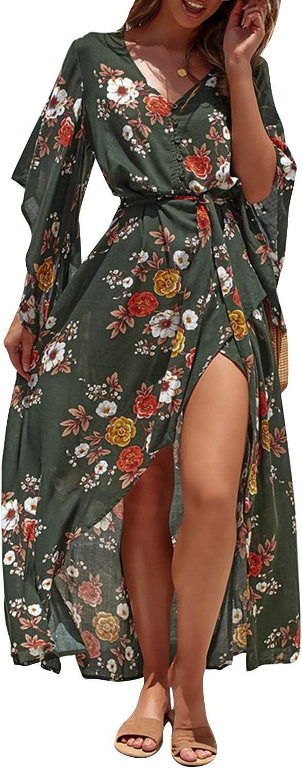Miessial Women's Summer Casual Floral Wrap Maxi Dress Bohemian Split V-Neck Long Dress