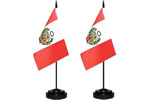 BCLIN Peru Desk Flag Set, 2 Pack Peruvian Table Office Flags, Small Mini Desktop Flag With 12" Solid Black Pole, Black Base, Miniature Desktop Flag