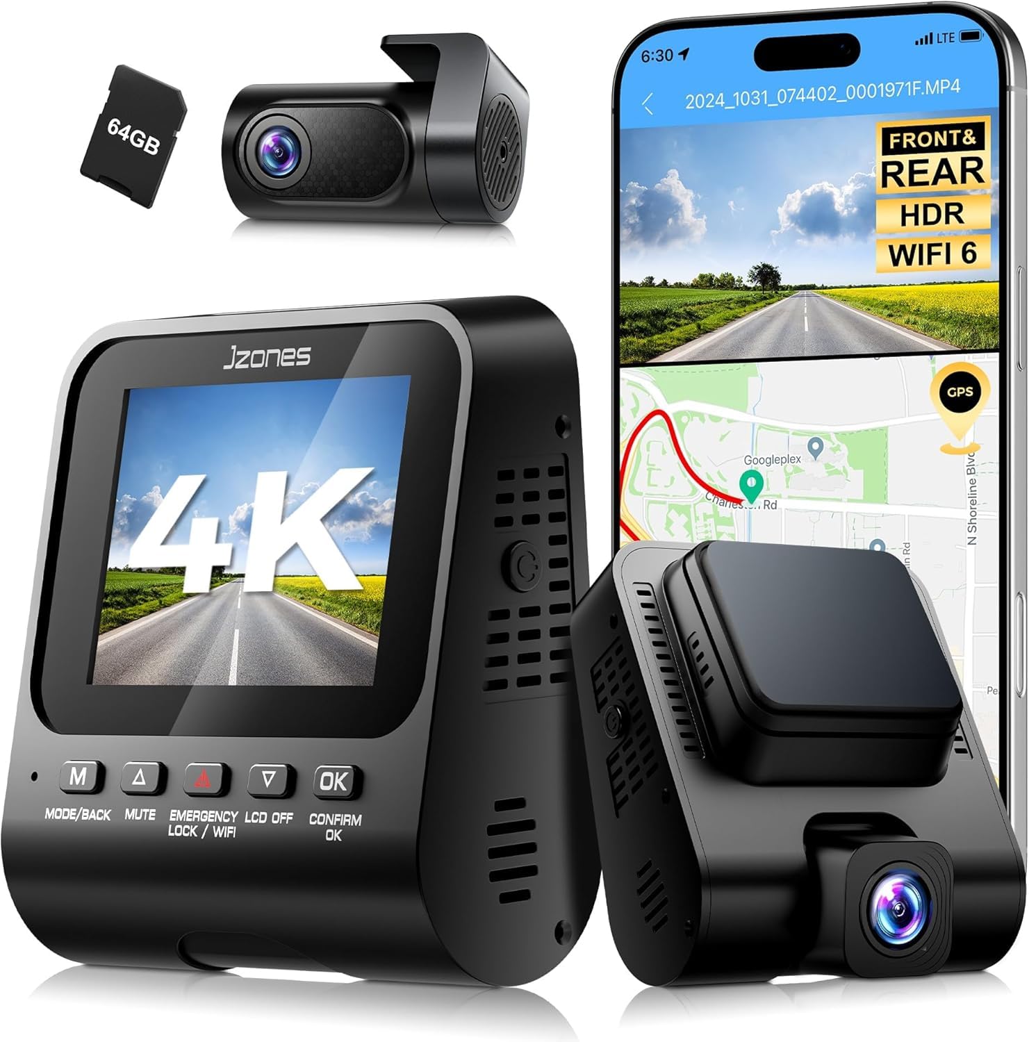 4K Dash Cam Front and Rear, 2 Channel Car Dash Camera with HDR, WiFi 6, Built-in GPS, Night Vision, 170° Wide Angle, G-Sensor, 24H Parking Mode Support, 64GB Card Included Image