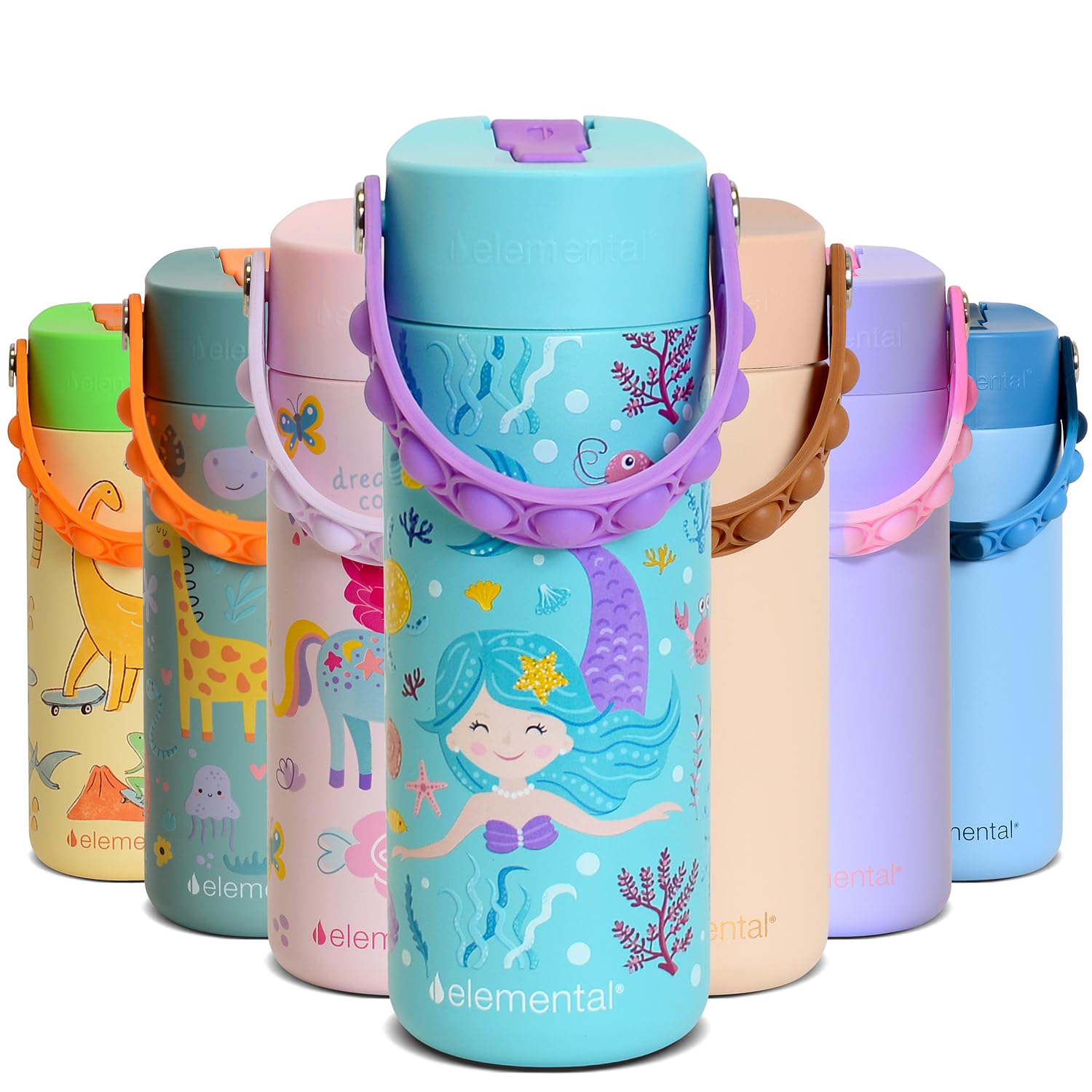 Photo 1 of ***DAMAGED, HANDLE BROKEN OFF*** Elemental Insulated Kids Water Bottle, Stainless Steel Water Bottle with Straw Lid & Pop-It Handle, Leak-Proof Water Bottles for School, Boys or Girls, Travelling and Sports, 18oz - Mermaid