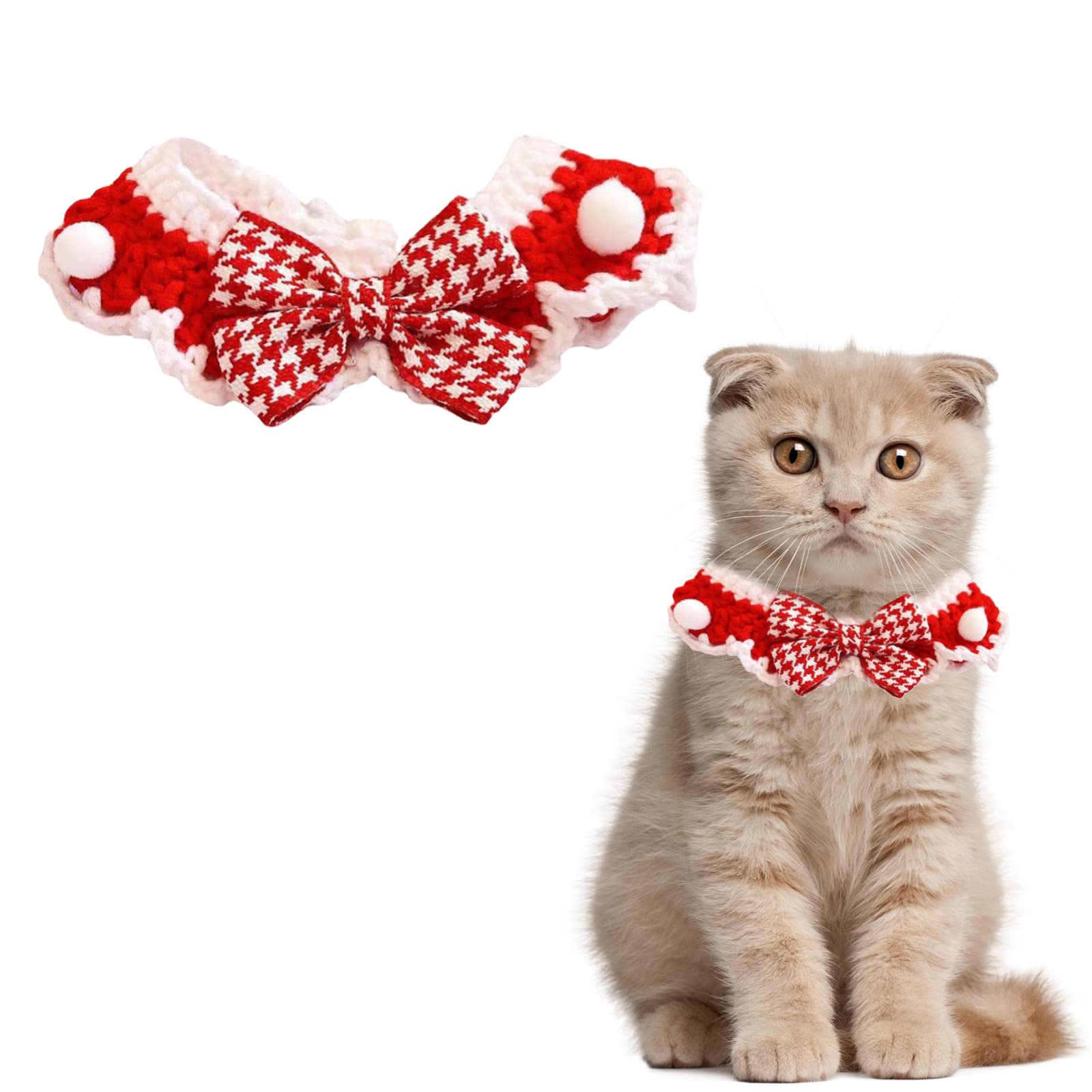 HACRAHO Hand Knitted Pet Collar, 1 PCS Cat Puppy Christmas Style Hand Knitting Wool Collar With Plaid Bow Tie Pet Party Decoration Cat Soft Knitted Adjustable Collar for Cat and Puppy, Red and White
