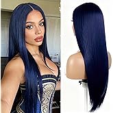 Layered Dark Blue Wig Long Straight Blue Wigs for Women 26Inch Middle Parting Brunette Wig with Highlight Natural Looking Synthetic Wigs Long Blue Wig Hair Replacement Wigs for Daily Party Costume Use