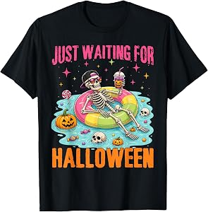 Funny Just Waiting for Halloween Spooky Summer Skeleton T-Shirt