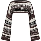 SHENHE Women's Crochet Shrugs Striped Long Bell Sleeve Baggy Knit Sweater Crop Top Swim Coverup Fairy Party