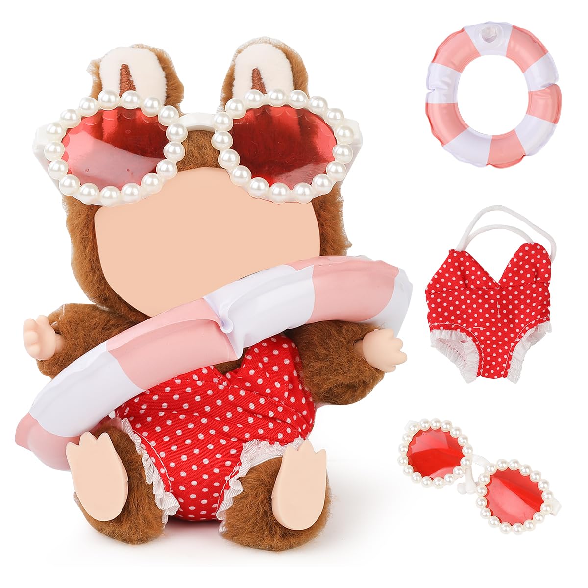 LEWOTE Clothes Set Compatible for Labubu Doll, Hat Suit Ornaments Accessories Set for 17cm/6.7inch Doll (Red Swimsuit/Swim Ring/Glasses)
