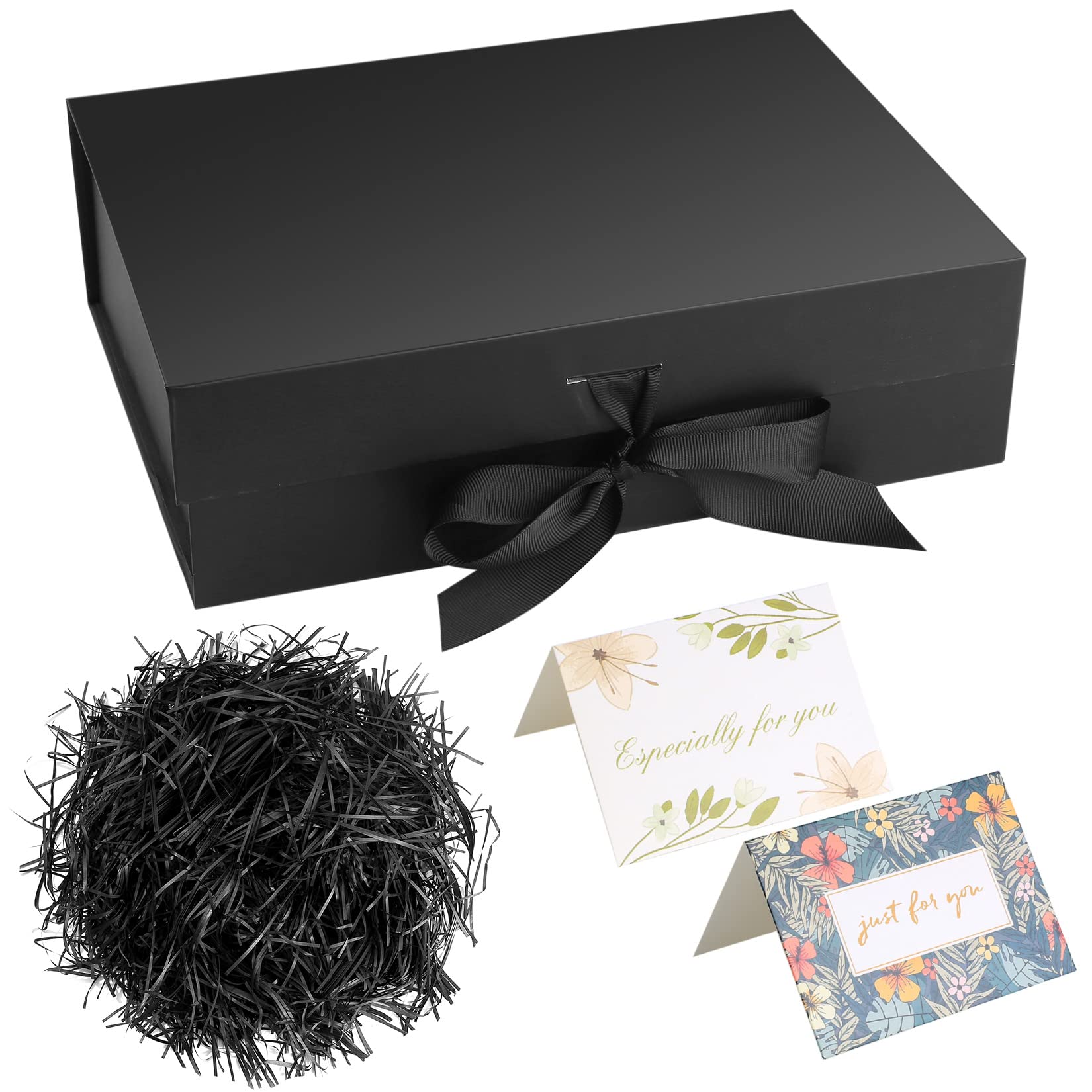 Christmas Black Gift Box with Ribbon, Luxury Magnetic Present Box with Lid, Large Rectangle Gift Packaging 26x19x8 cm, Decorative Gift Box with Shredded Paper and Cards