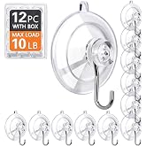 KORCCI Suction Cup Hooks 12Pack - Max Load 10LB, 1.77Inch Clear Medium Suction Cups, No Trace, Reusable &amp; Removable, Stainless Steel Hooks, for Tile, Glass, Window, Shower, Kitchen, Bathroom