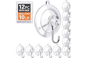 KORCCI Suction Cup Hooks 12Pack - Max Load 10LB, 1.77Inch Clear Medium Suction Cups, No Trace, Reusable & Removable, Stainless Steel Hooks, for Tile, Glass, Window, Shower, Kitchen, Bathroom