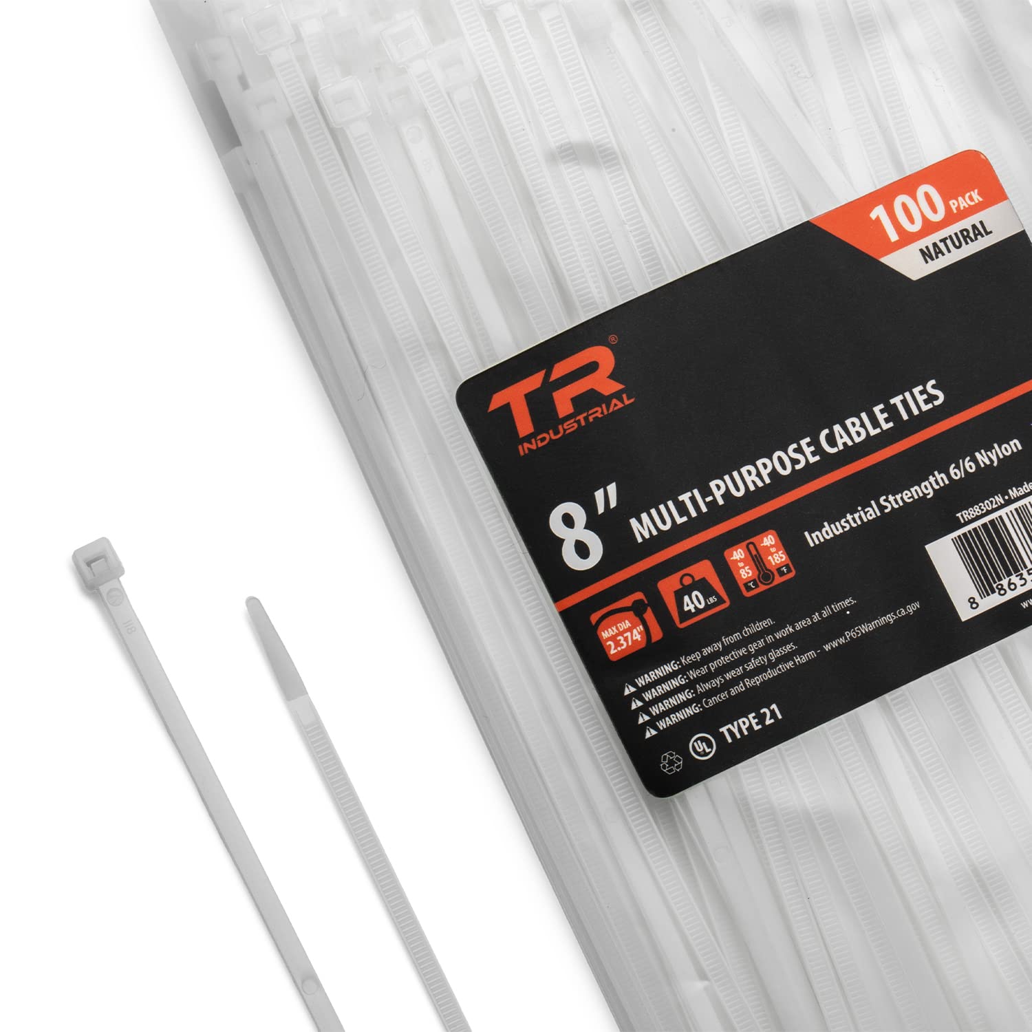 TR Industrial Multi-Purpose Natural Cable Ties, 8 inches, 100 Pack