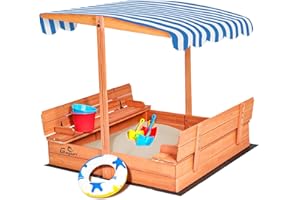 GEGURI Kids Wooden Sandbox with Cover, Foldable Bench Seats, Retractable Roof, Outdoor Playset, Large Sand Pit with Lid (Natural Wood, Blue & White Striped Canopy, 48 Inch)