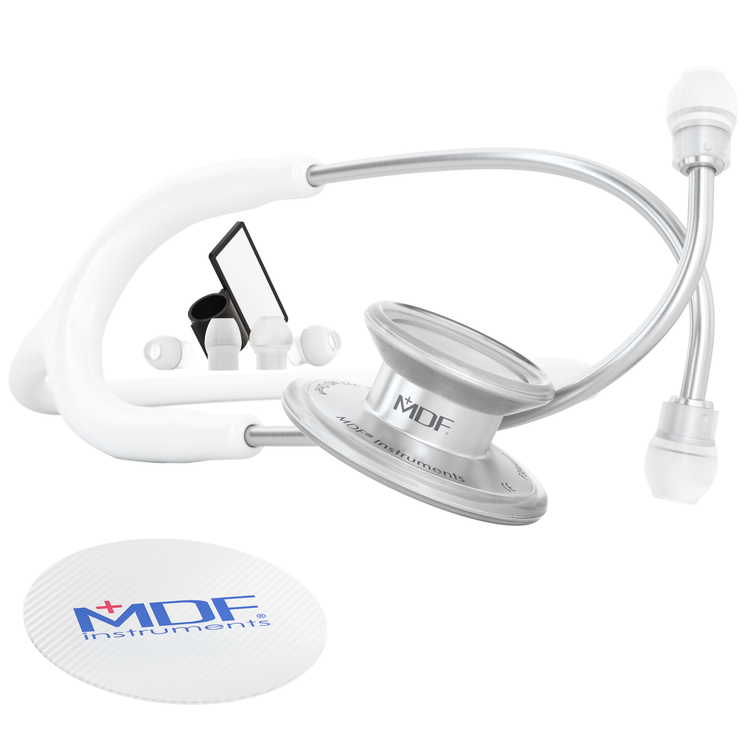 MDF Instruments, MD One Stainless Steel Stethoscope, Adult, White Tube, Silver Chestpieces-Headset, MDF77729