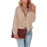 Fanway&EC Women's Long Sleeve V Neck Blouses Babydoll Tie Front Shirts Ruffle Hem Casual Crop Tops
