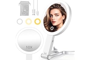 vpu Travel Makeup Mirror with Lights, 10X /1X Double Sided Rechargeable Magnifying Vanity Mirror, Portable Compact Led Lighted Cosmetic Mirror with 3 Color Lighting Dimmable Touch Screen Desk Hand
