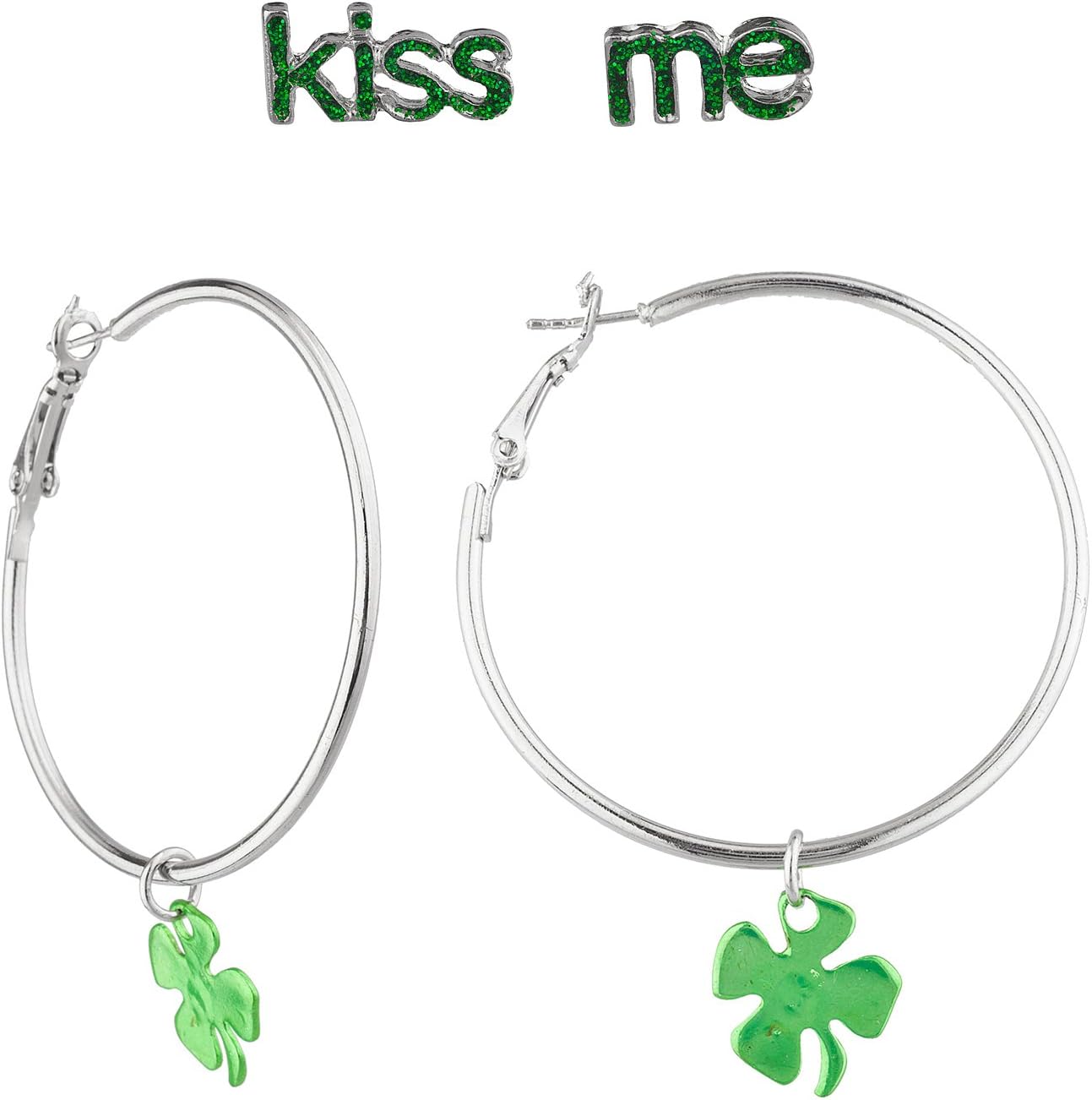 Silver Tone Clover Charm Saint Patrick Inspired Loop Earrings