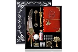 TIANREN Feather Dip Pen and Ink Set,quill pen ink set,Antique Calligraphy Pen with 5 Replaceable Nibs,Wax Seal Stamp,Wax Beads &Leather Writing Notebook Christmas Gift for Men&Women.(Grey)