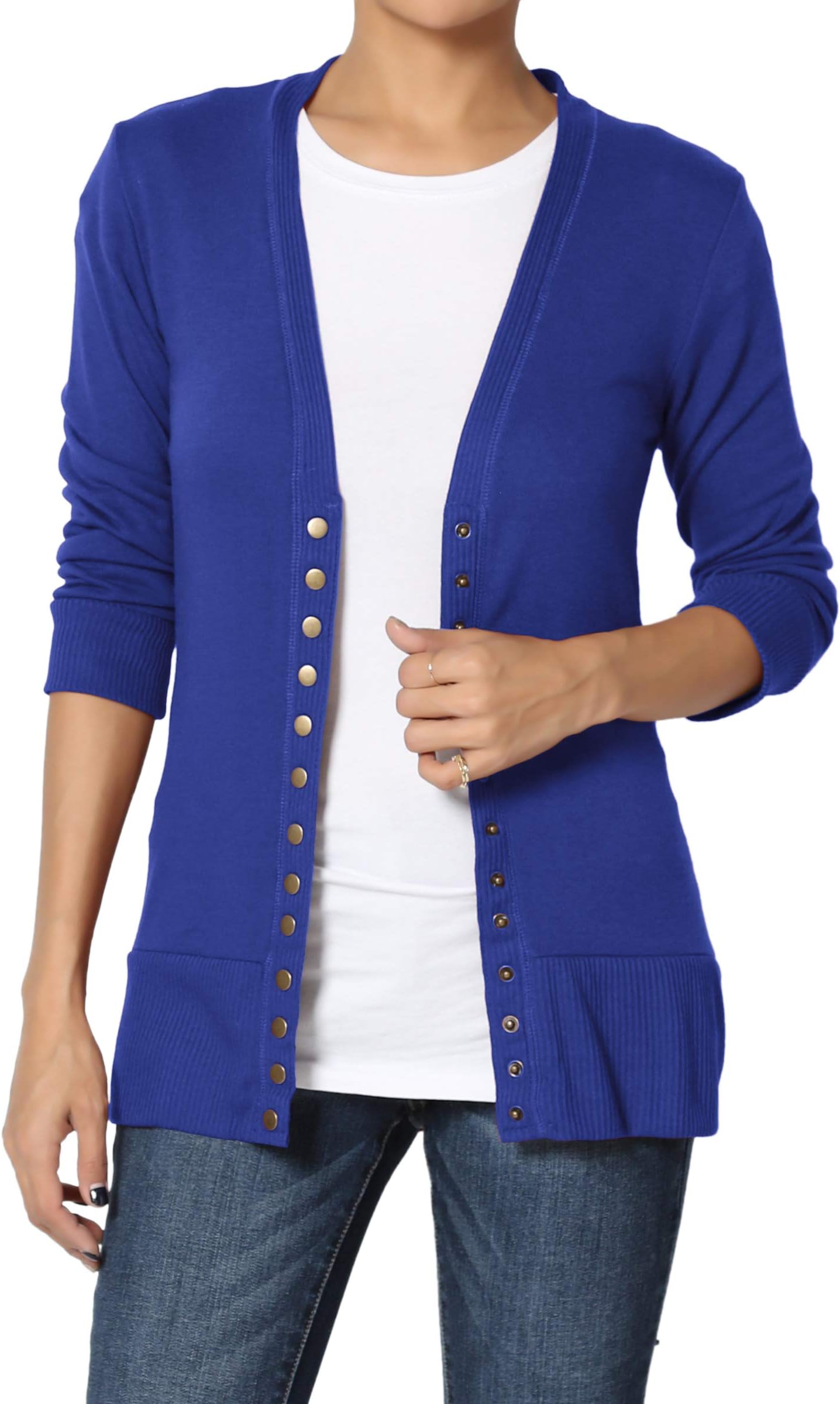 TheMogan Women's Snap Button V-Neck 3/4 Sleeve Layering Knit Cardigan Denim Blue 1XL