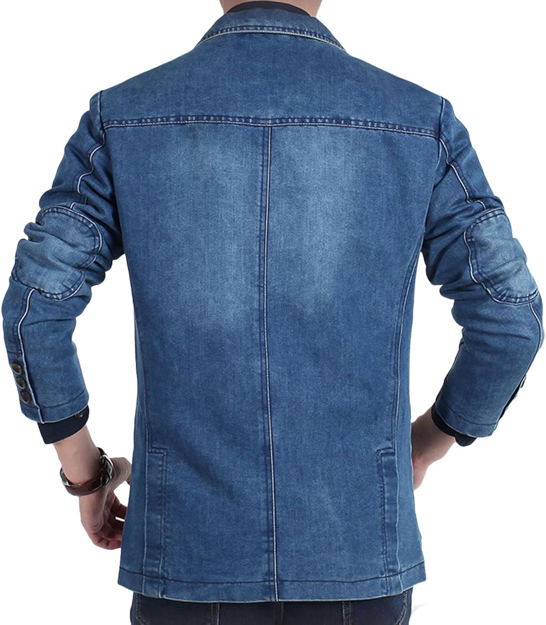 chouyatou Men's Classic Notched Collar 3 Button Tailoring Distressed Denim Blazer Jacket at  Men’s Clothing store