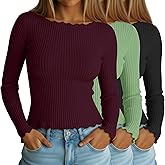 Neer 3 Pack Women's Crop Tops Long Sleeve Cotton Boat Neck Shirts Lettuce Trim Ribbed Slim Fit Casual Basic Tees