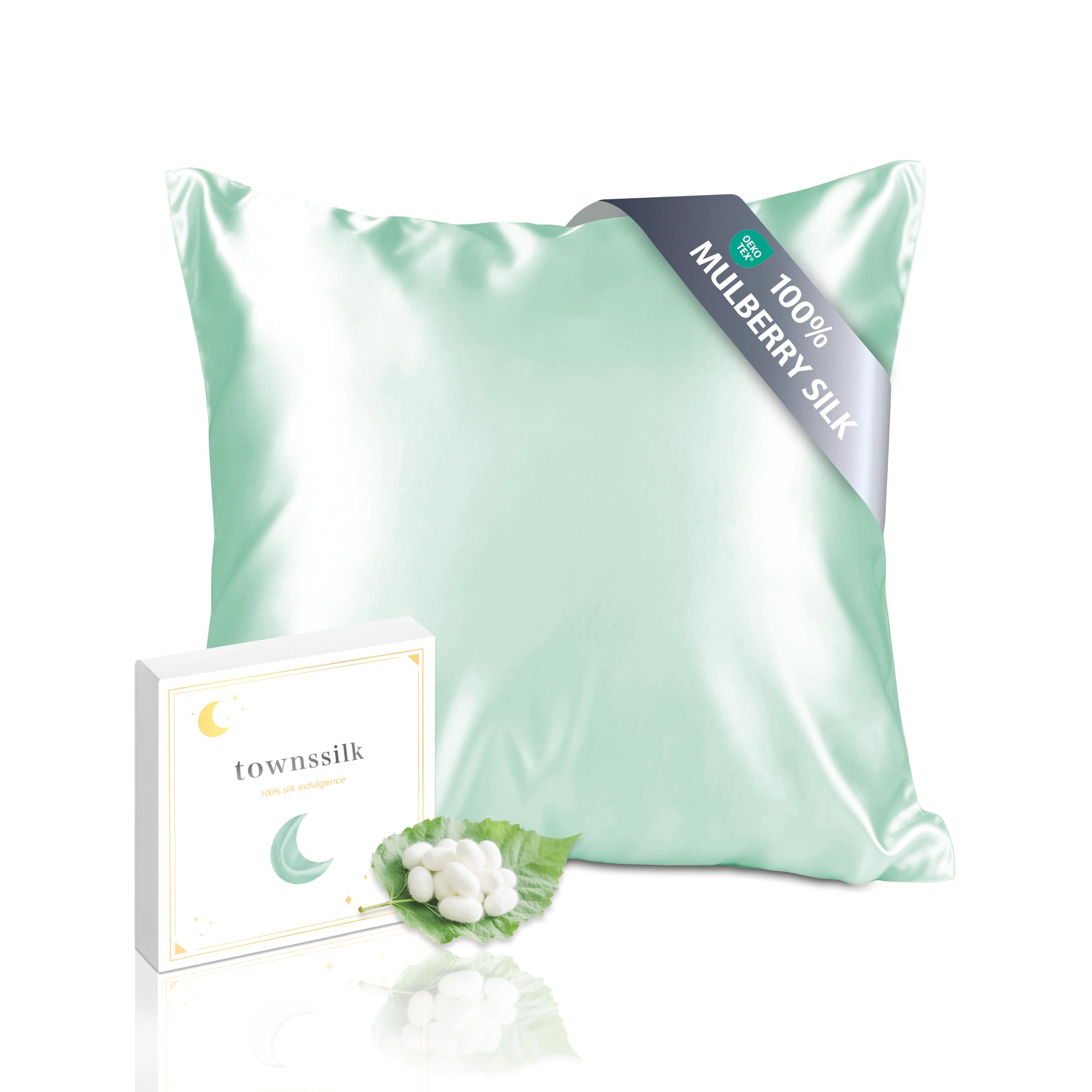 townssilk Pillowcase 100% 19mm Pure Mulberry Silk, Double-Sided Silk, for Hair and Skin Health, Silk Pillowcase, Hidden Zipper 600 Thread Count, 1 Piece, 65 x 65 cm, Light Green — image 1