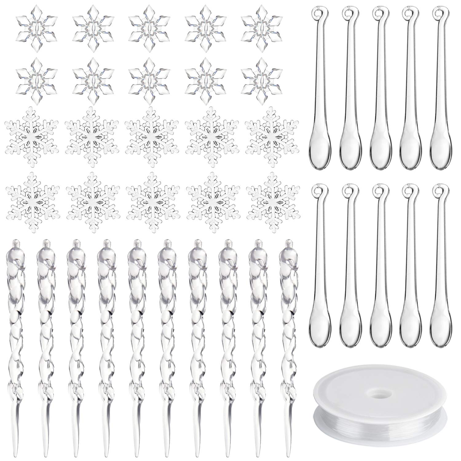 FEPITO 40 PCS Acrylic Snowflake Icicles with Crystal Line Ornaments Set for Christmas Tree Hanging Decorations