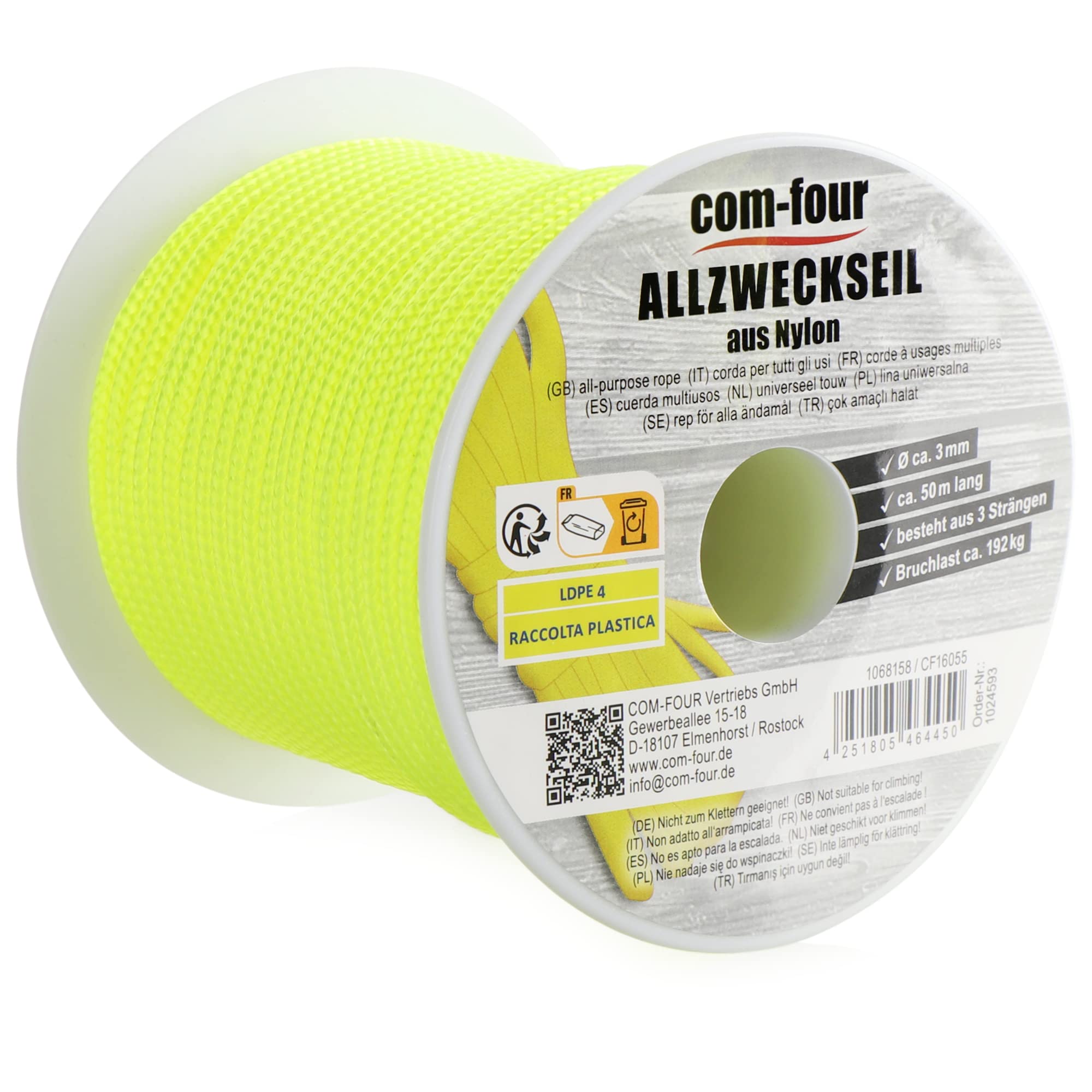 COM-FOUR® paracord cord Ø 3mm, 50m - rope with 3 core strands for boat, camping, outdoor - nylon rope with 192kg load capacity - tent rope, guy rope, all-purpose rope