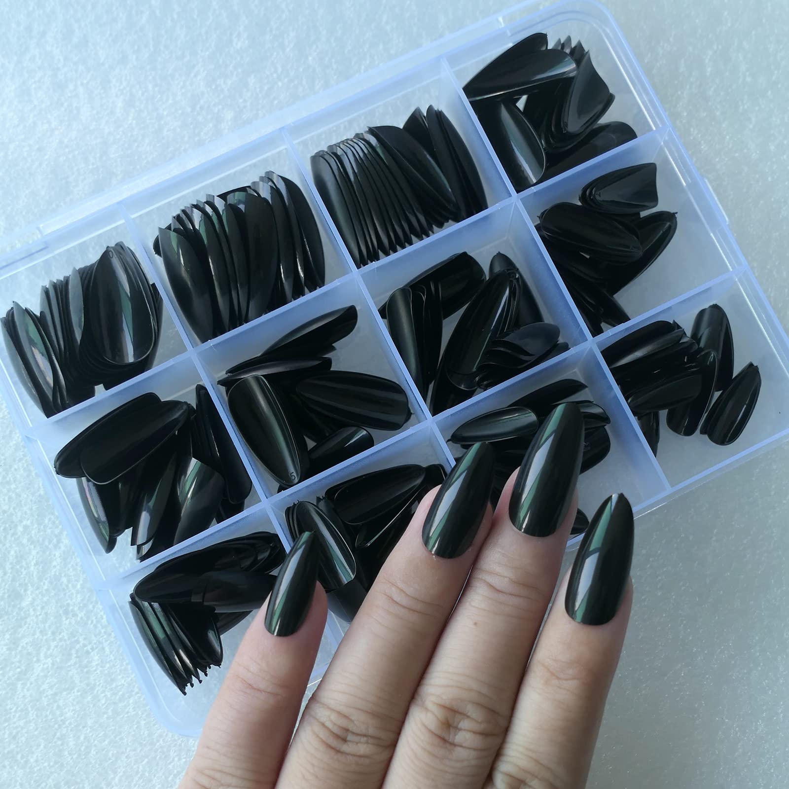 LoveOurHome 240pc Almond Press on Nails Medium Black Fake Nail Tips Full Cover Glue Almond Acrylic Nails Press ons Nail Short Stiletto False Artificial Fingernail & Glue Adhesive Tabs for Women Girls - Image 7