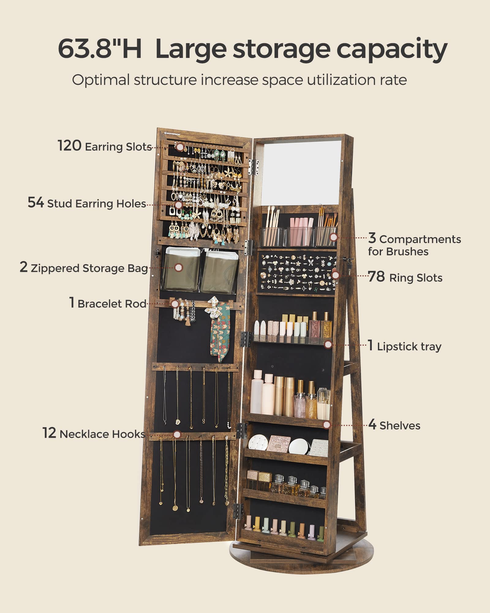 SONGMICS SONGMICS 360° Swivel Jewelry Cabinet, Lockable Jewelry Organizer with Full-Length Mirror, Rear Storage Shelves, Interior Mirror, Jewelry Armoire, Gift Idea, Rustic Brown UJJC006X01
