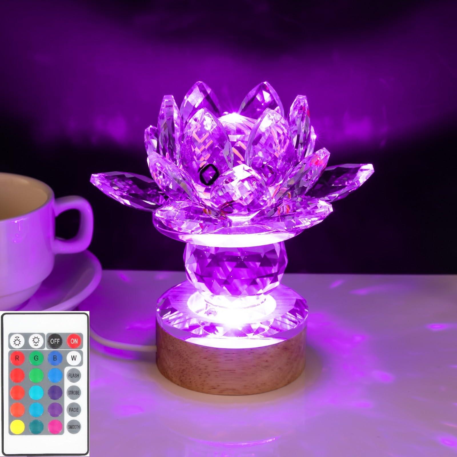 Photo 1 of YUANHEN Crystal Lotus Flower Lamp Wood LED Night Light - Changes Color Base USB Interface 24 Key Remote Control 5V1A Charger for Valentine's Day CC