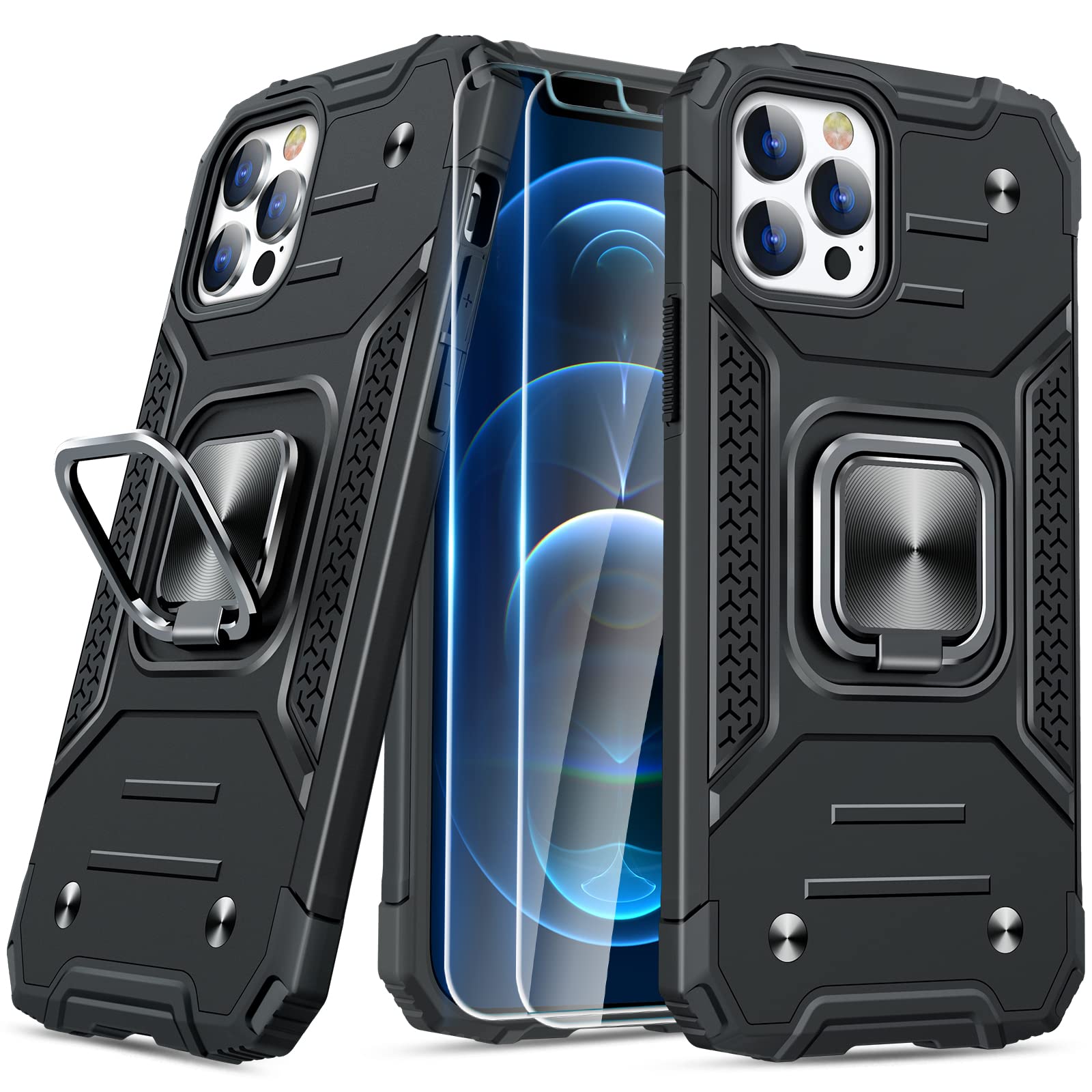 Photo 1 of JAME Designed for iPhone 12 Pro Max Case with Screen Protector [2PCS], Military-Grade Drop Protection Cover, Protective Phone Cases, with Ring Kickstand, Bumper Case for iPhone 12 Pro Max 6.7” Black