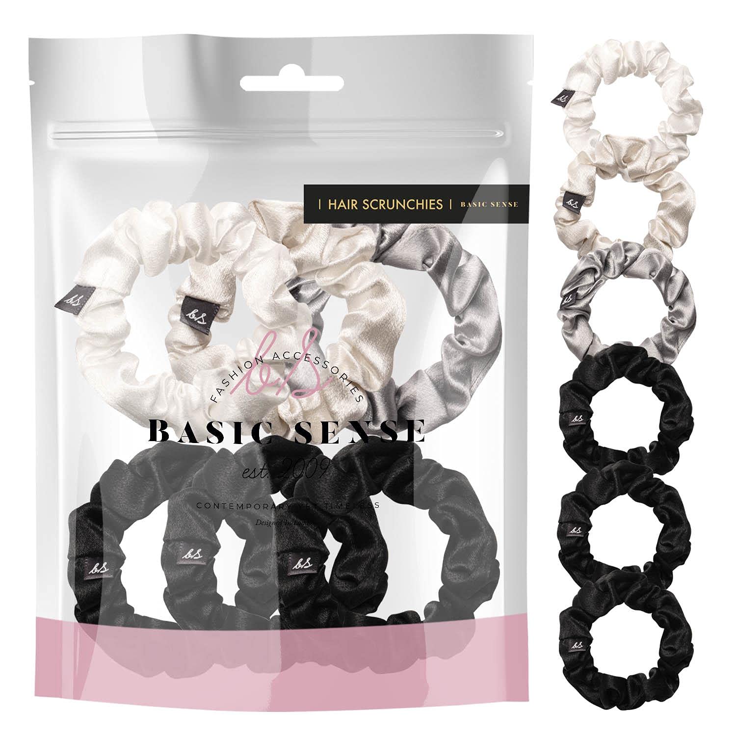 Basic Sense Skinny Satin Hair Scrunchies for Fine Hair, Snag-Free, Strong Hold, A set of 6pcs, Black Silver Assortment