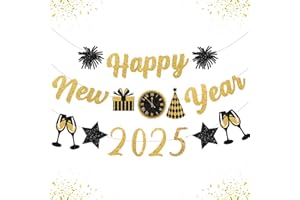 IMISHM Gold Black New Years Decorations 2025 Glitter Happy New Year Banner New Years Eve Party Supplies New Years Eve Decorations Happy New Year Sign For New Year Party Decorations