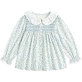 Curipeer Baby Girls Long Sleeve Shirt Peter Pan Collar Smocked Blouse Button Down Top