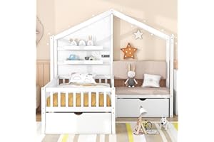 DEINPPA Twin Kids Bed with Storage, House Bed Frame with Charging Station and Futon Seat, Wooden Platform Bed with Drawers, Come with Decorative LED Lights, for Kids Children Toddler Boys Girls-White
