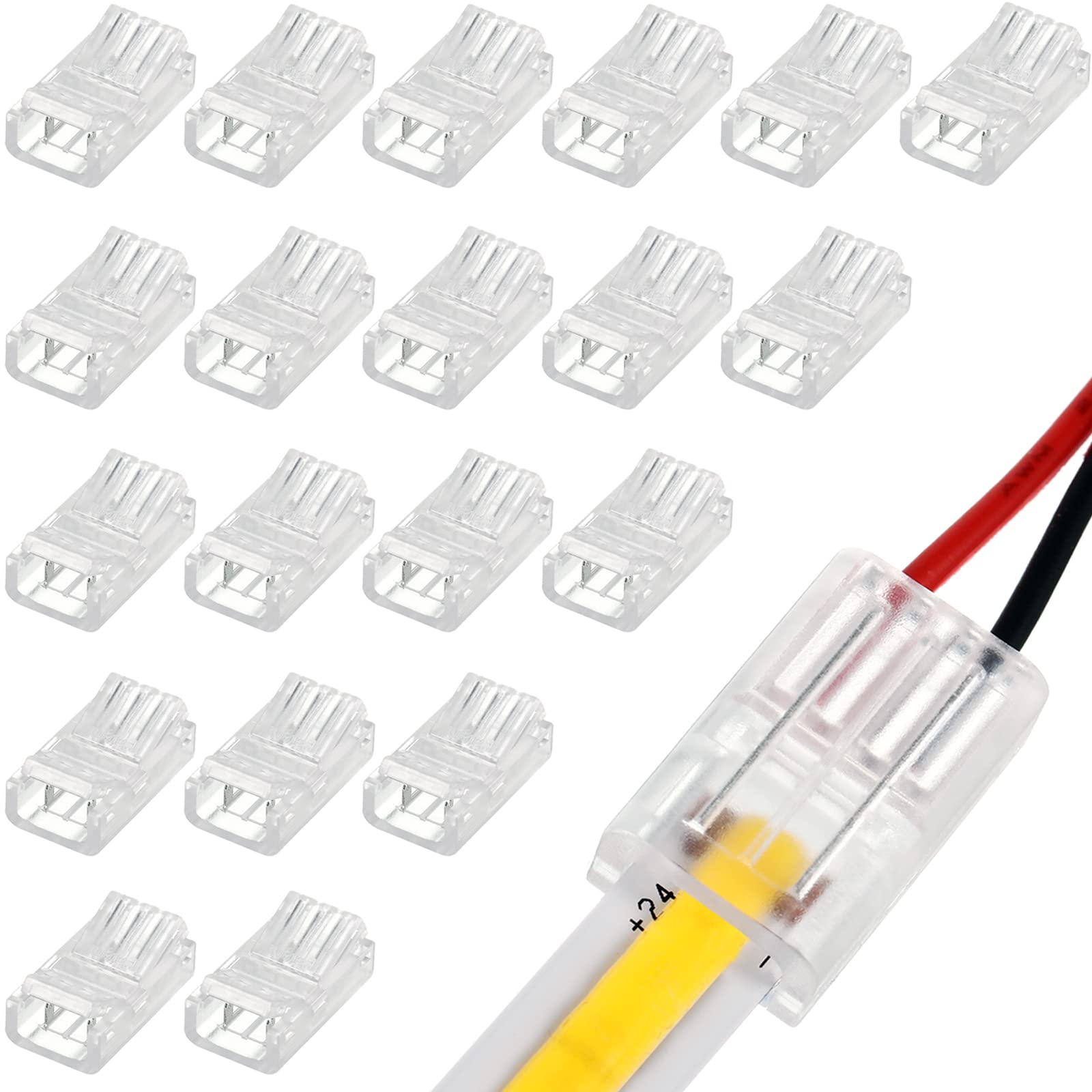 Photo 1 of COB LED Strip to Wire Connector 20 Pieces Waterproof LED Adapter Connectors Transparent Solderless LED Light Strip for Unwired Gapless Track Lighting(2 Pin, 10 mm)