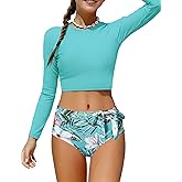 Fuermos Girls Rash Guard Swimsuits 2 Piece Long Sleeve Swimsuit and Tropical Print Bathing Suit Girls' Swimwear 6-14Y