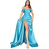 Dream Wedding Off Shoulder Prom Dress for Women Satin Bridesmaid Dress Long with Train Formal Evening Party Gown Slit DR0005