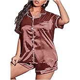 WDIRARA Women's Sleepwear Button Front Short Sleeve Collar Shirt and Shorts Satin Pajama Set