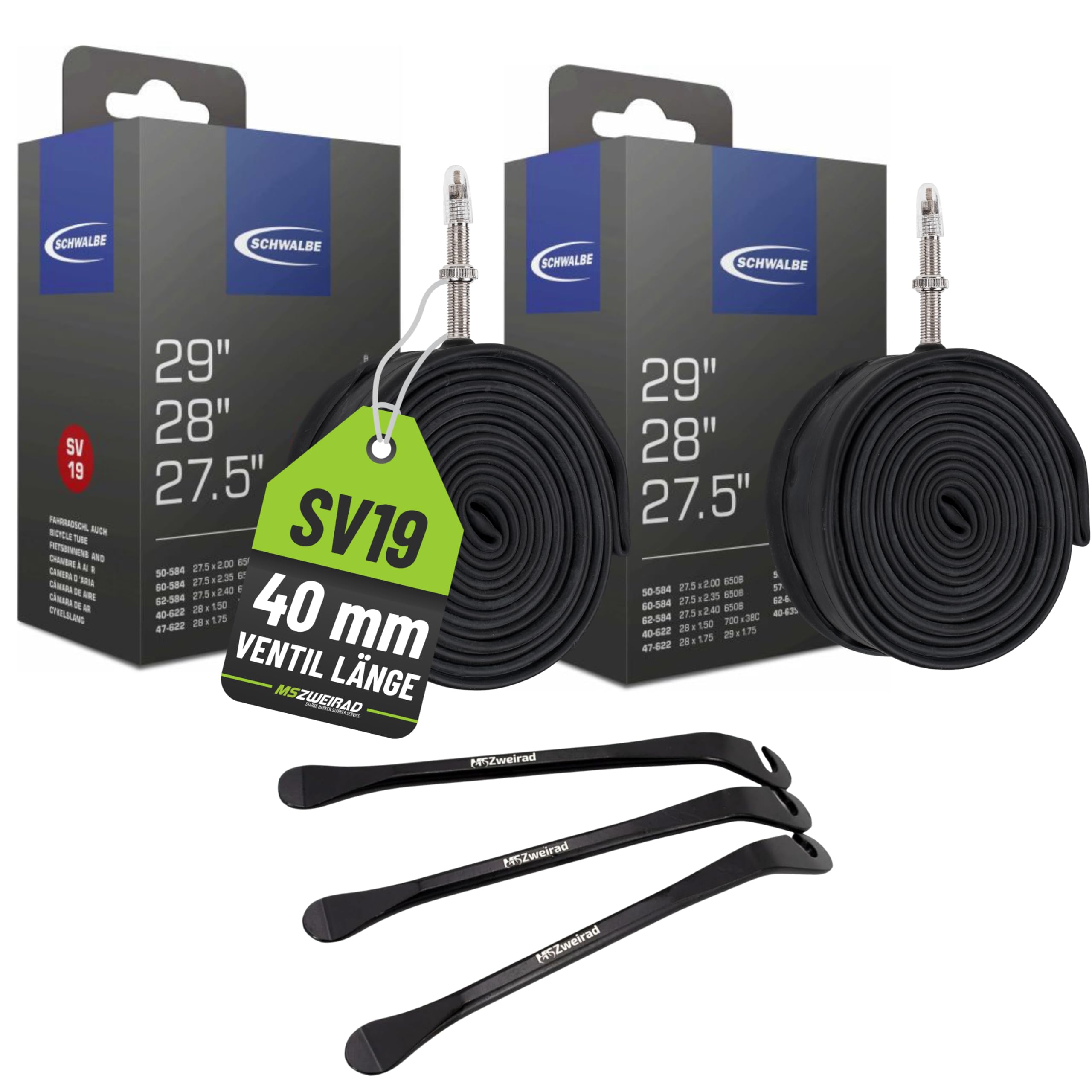 Set of 2 Schwalbe SV 19 Bike Inner Tubes Presta Valve 27.5 28 29 Inch SV 40 mm (40/62-584/635) + 3 MSZweirad Tyre Levers
