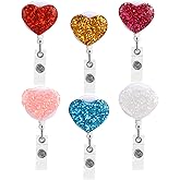 Heart Badge Reels Retractable, 6Pcs Cute Valentines Badge Reel, Bling Heart Name Badge Holder Retractable Clip Lightweight Plastic ID Badge Clip for Nurse Doctor Teacher Student Office Valentine Gifts