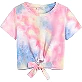 Arshiner Girls Short Sleeve Shirts Tie Knot Front Tops T Shirts for Kids Crewneck Cute Casual Tie Dye Tee Blouse